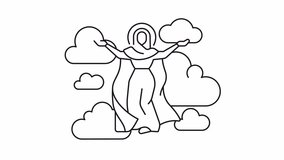 Assumption of Mary line animation. Virgin Mary animated icon. Ascent of Mother Mary into heaven. New testament. Black illustration on white background. HD video with alpha channel. Motion graphic