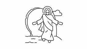 Resurrection line animation. Jesus Christ coming back to life animated icon. New testament. Biblical myth. Black illustration on white background. HD video with alpha channel. Motion graphic