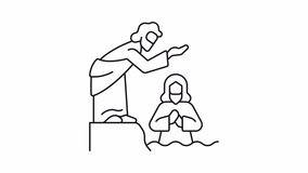 Baptism of Jesus line animation. Jesus and John animated icon. Christian ritual. New testament. Black illustration on white background. HD video with alpha channel. Motion graphic