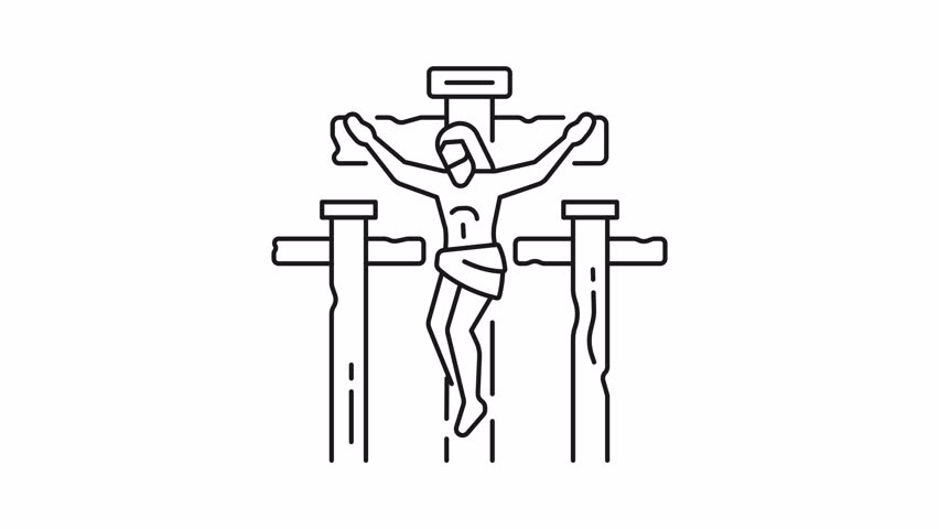 Crucifixion line animation. Jesus Christ dying on cross animated icon. Good friday. New testament. Black illustration on white background. HD video with alpha channel. Motion graphic