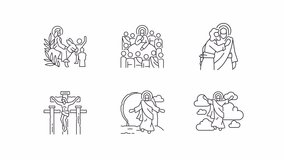 Holy Week animation set. Biblical scenes animated line icons. Life of Jesus Christ. New testament. Black illustrations on white background. HD video with alpha channel. Motion graphic