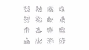 Biblical scenes animation set. Life of Jesus Christ animated line icons. Highlights in chronological order. Black illustrations on white background. HD video with alpha channel. Motion graphic