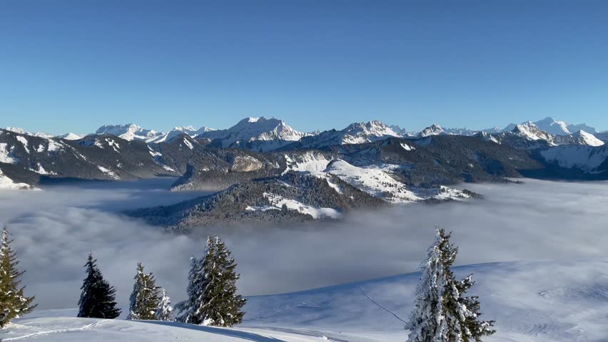 Panoramic view of Mont Blanc mountain from the top of Hirmentaz (Bellevaux) ski resort, France. Camera movement