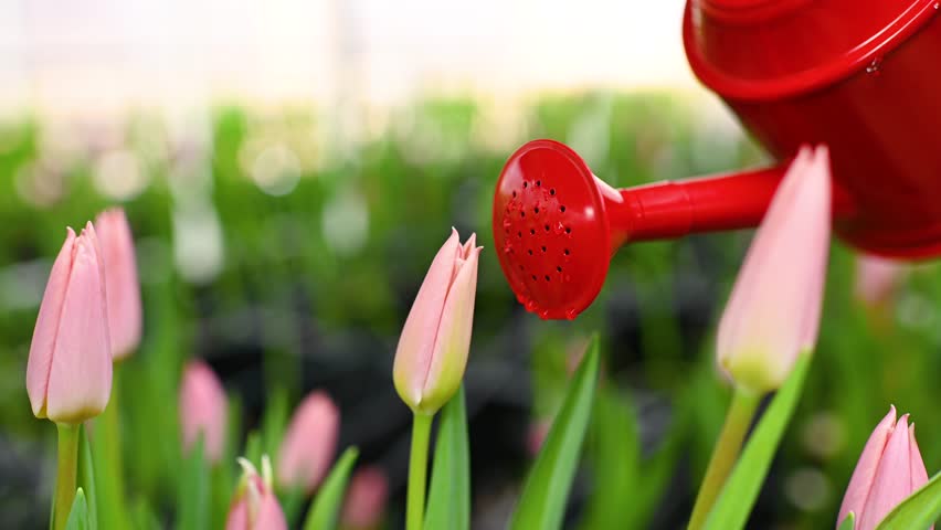 a close-up of a red watering can against the background of many beautiful unopened tulips in a garden or greenhouse. March 8th, spring festival. Royalty-Free Stock Footage #3418774177