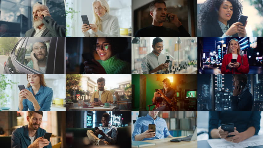 Split Screen Collage of Diverse Group of People Using Smartphones. Multiethnic Professionals, Businesspeople, Workers Using Mobile Phones for Calls, Connectivity, Creators. Multi Screen Connection