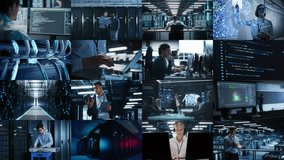 Split Multi Screen Collage in Data Center: Diverse Group of IT Specialists, Technicians, Engineers, Administrators Working, Monitoring, Optimizing Servers, SAAS Services, Cloud Computing, Networks - Powered by Shutterstock - Get 15% off with code: PIKWIZARD15