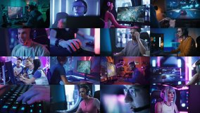 Split Screen Collage of Cyber Sport and Video Gaming. Gamers and Professional Players Having Fun Playing Different Videogames, on esport Tournaments, Online, From Home or at Championship Events - Powered by Shutterstock - Get 15% off with code: PIKWIZARD15