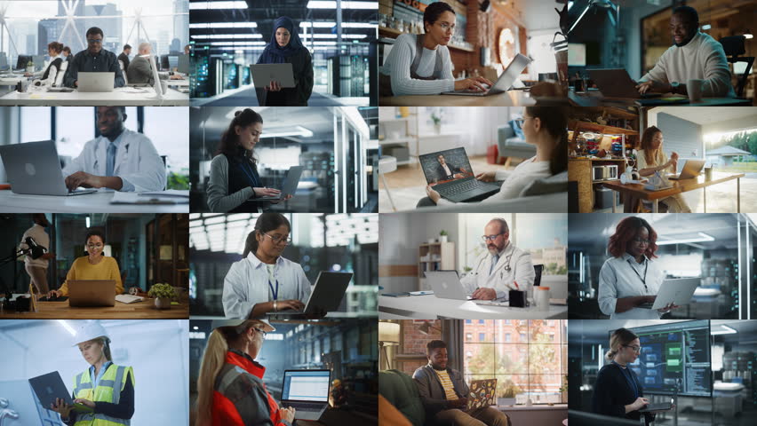 Split Screen Collage of Diverse Group of People Working on Laptops. Multiethnic Professionals, Entrepreneurs, Workers Using Computers, Learning, Creating. Multi Screen Productive Connectivity