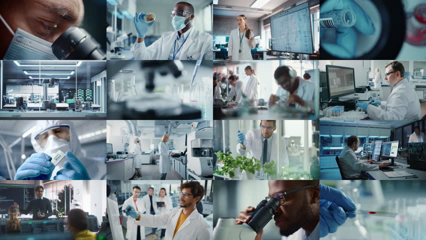 Split Screen Montage of High-Tech Research Laboratories where Scientists Making Breakthrough Discoveries. Production, Manufactury, Medicine, Bio Technology in Lab. Concept of Scientific Progress