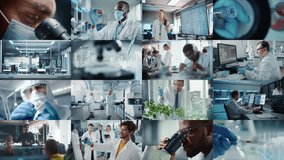 Split Screen Montage of High-Tech Research Laboratories where Scientists Making Breakthrough Discoveries. Production, Manufactury, Medicine, Bio Technology in Lab. Concept of Scientific Progress - Powered by Shutterstock - Get 15% off with code: PIKWIZARD15