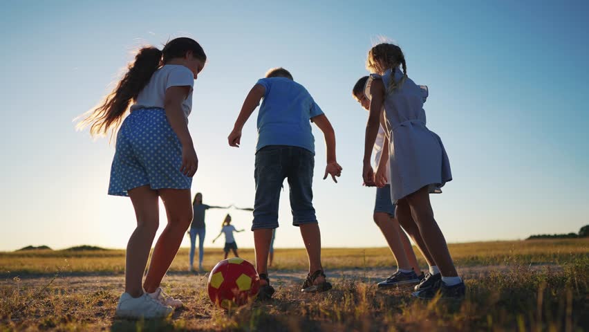 happy family playing ball in the park. group of children playing ball in nature. happy family kid dream concept. children playing lifestyle soccer sunset in the park in nature Royalty-Free Stock Footage #3418854865