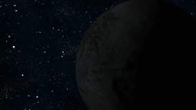 Animation of Moon planet seen from space, Asteroids Cloud and cosmos