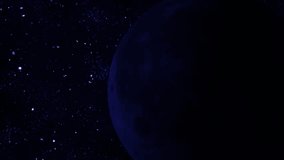 Animation of Moon planet seen from space, Asteroids Cloud and cosmos