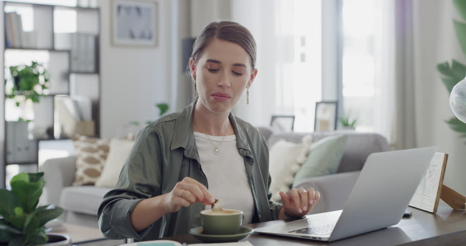 Woman, laptop and coffee or cookie while working remote as marketing assistant, online or networking. Female person, hot drink and connection for virtual meetings or web research, career or digital