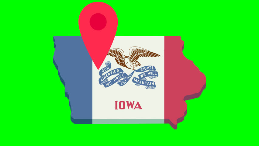 Looped animation of a red location marker bouncing on the 3D map of Iowa in the colors of the Iowa state flag on blue background, green background, transparent background, alpha channel (flat design)