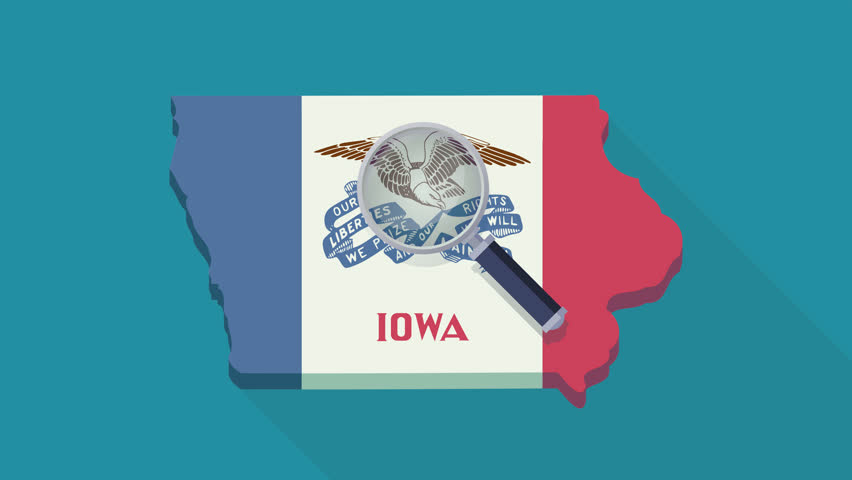Loop animation of a magnifying glass looking over the 3D map of Iowa in the colors of the flag of the state of Iowa on a blue background, a transparent background, alpha channel (flat design style)