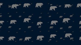 Bear symbols float horizontally from left to right. Parallax fly effect. Floating symbols are located randomly. Seamless looped 4k animation on dark blue background