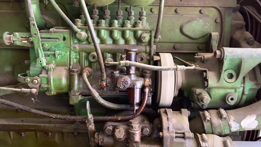 Machine parts that rotate when the machine is running. Working old and dirty diesel machine. Old generator.
