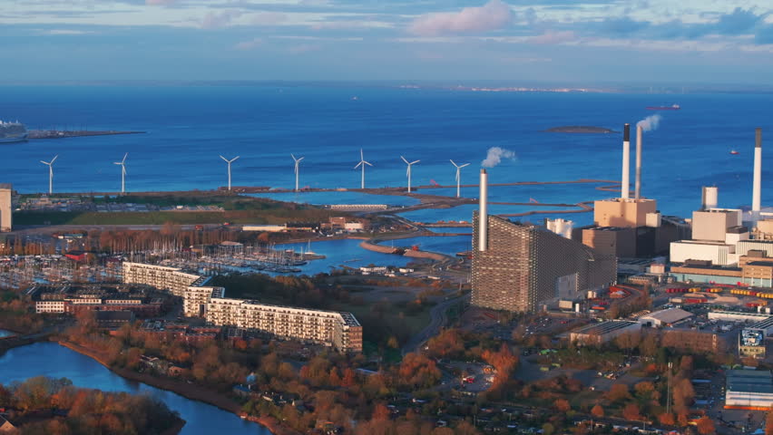 Aerial shot of HOFOR Amagerværket power station and wind farm Royalty-Free Stock Footage #3419015353