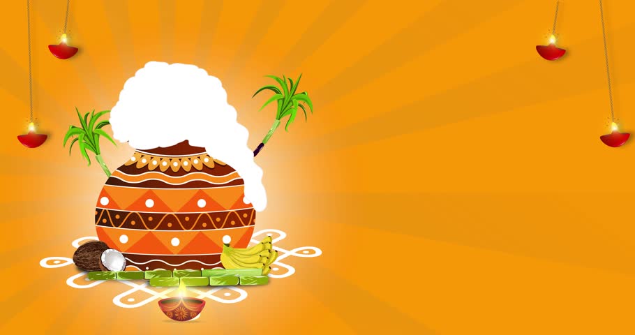 Happy Pongal festival greetings animated with abstract sunshine background.