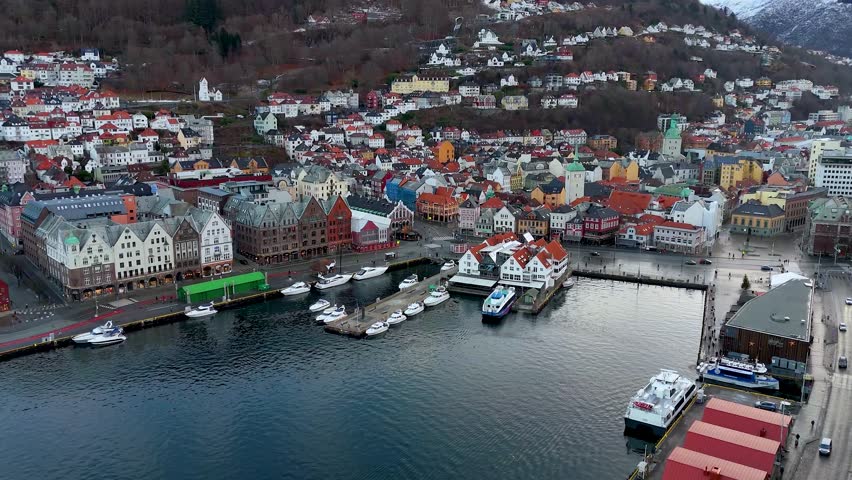 Establishing, panoramic aerial winterday view of the cityscape of Bergen, Norway, Scandinavia