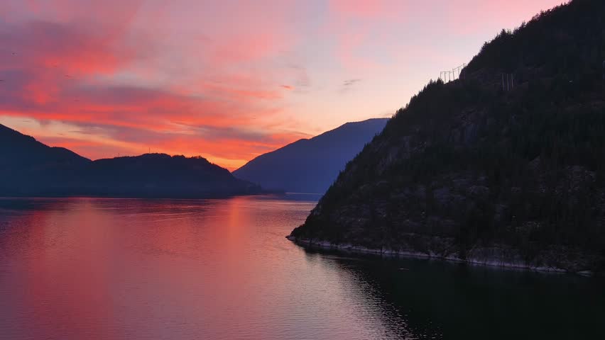 Scenic Mountain Landscape and Trees in Howe Sound. Fall Season, Dramatic Sunset. Howe Sound, British Columbia Canada. Royalty-Free Stock Footage #3419050609