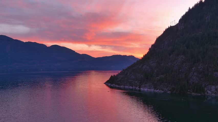 Scenic Mountain Landscape and Trees in Howe Sound. Fall Season, Dramatic Sunset. Howe Sound, British Columbia Canada. Royalty-Free Stock Footage #3419050947