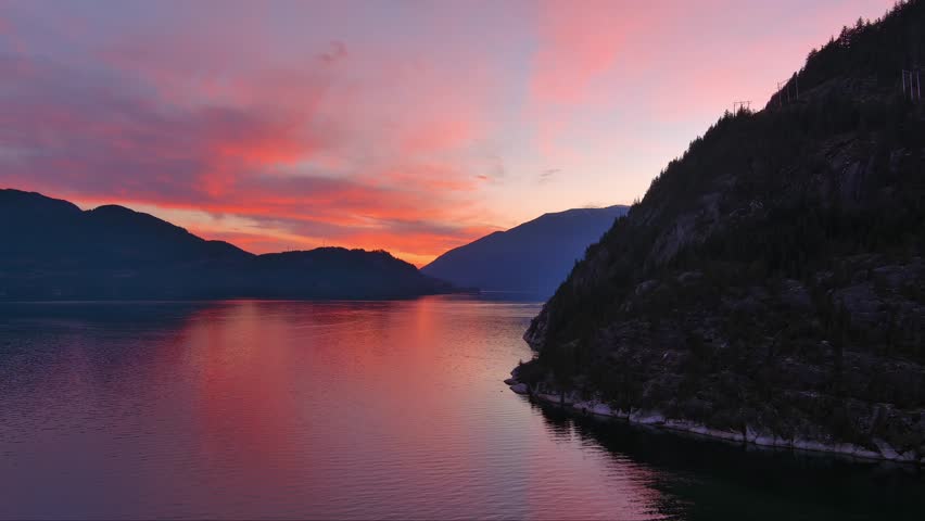 Scenic Mountain Landscape and Trees in Howe Sound. Fall Season, Dramatic Sunset. Howe Sound, British Columbia Canada. Royalty-Free Stock Footage #3419051013