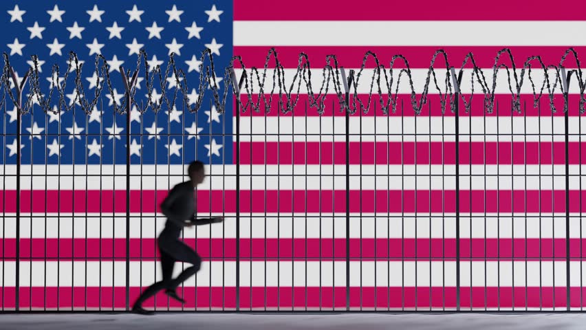 United States flag. Refugees near barbed wire fence. Immigrants run near barbwire fence - 3D animation