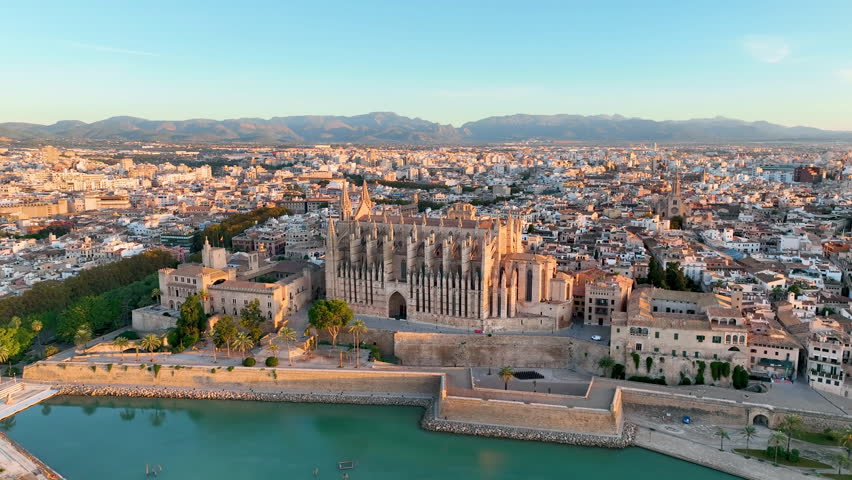 Aerial view of Palma de Mallorca cityscape. Cathedral La Seu of Santa Maria Royal Palace of La Almudaina. Balearic Islands. Spain