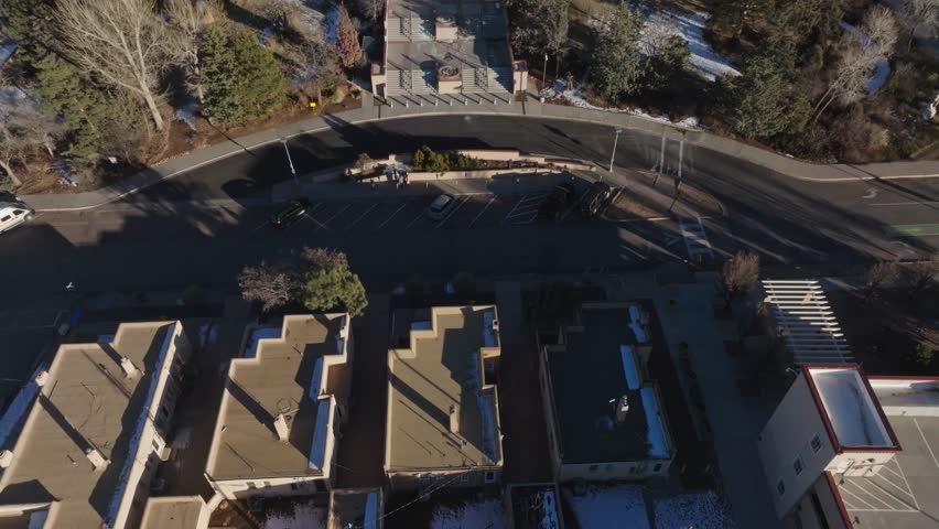 New Mexico State capitol building in Santa Fe, New Mexico with drone video tilting up.