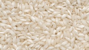 Vertical video. Closeup, top view of raw carnaroli risotto rice. Food backdrop.
