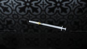 Falling White Capsules on thin syringe that lies on black glass Background, slow motion. Medicine pill capsules falls down, close-up - Powered by Shutterstock - Get 15% off with code: PIKWIZARD15
