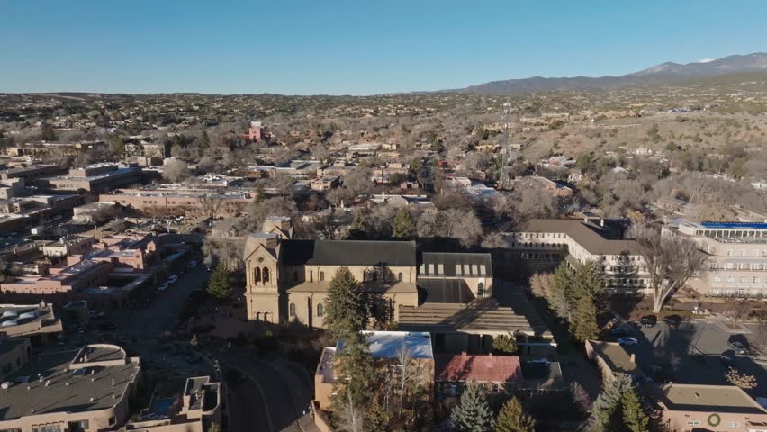 The Cathedral Basilica of St. Francis of Assisi in Santa Fe, New Mexico with drone video circling.