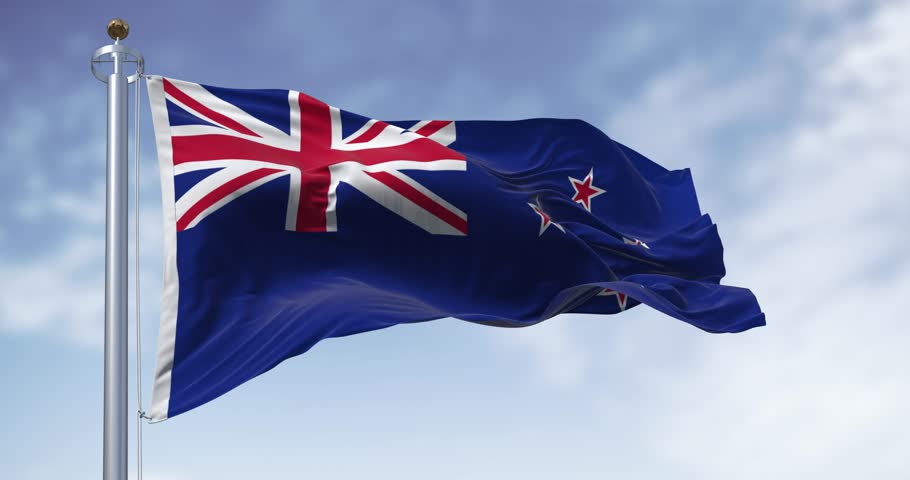 New Zealand national flag waving on a clear day. Blue Ensign with Union Jack and red stars on representing Southern Cross. Seamless 3d render animation. Slow motion loop