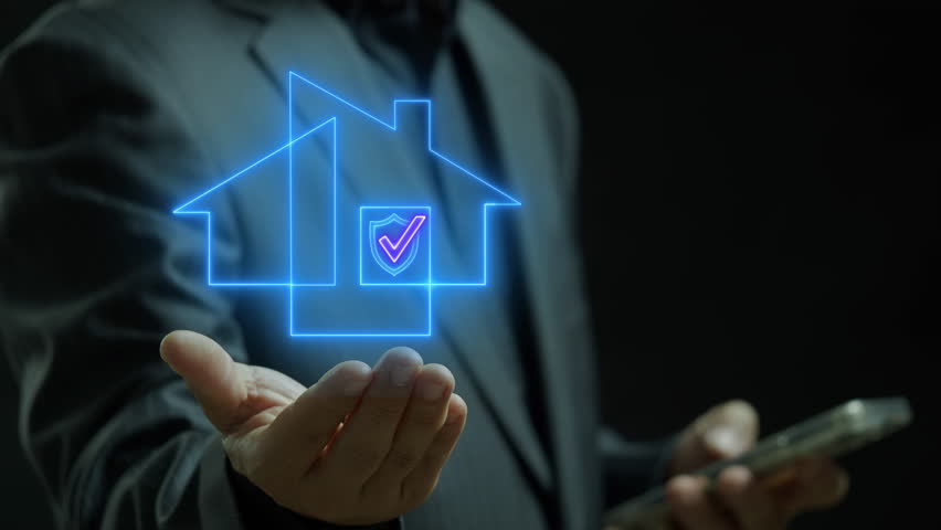 Businessman showing glowing neon line of house icon. Home insurance or property development planning, investment ideas about real estate companies, financial success and growth concept.