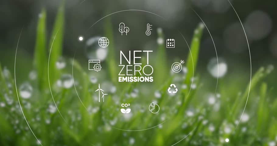 Net zero and carbon neutral concept.Globe Glass with Net zero icons infographic. Net zero greenhouse gas emissions target Climate neutral long term strategy.Net zero icon on a green grass  background Royalty-Free Stock Footage #3419228037