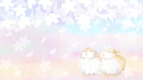 A loop animation of two baby rabbits looking at the cherry blossoms dancing. A beautiful video with a soft watercolor gradation.