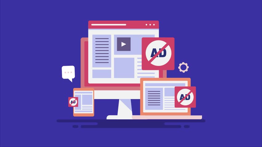 Ad blocker, pop ad blocking software, ad blocker preventing ads on browser, website and app - 2D animation video clip