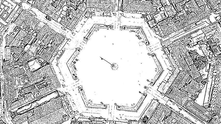 Sketch doodle style. Palmanova, Udine, Italy. An exemplary fortification project of its time was laid down in 1593, Aerial View, HEAD OVER SHOT