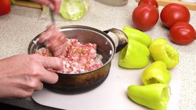 Preparation of minced meat for filling stewed stuffed sweet bell peppers. Pepper the minced meat. Step-by-step cooking video recipe. Culinary master class on home cooking.
