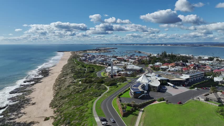 Aerial drone video of Bunbury, Western Australia with view of the Bunbury Lighthouse and Koombana Bay