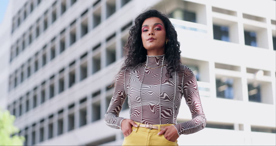 Fashion, confidence and face of woman in city with trendy clothes, modern style and cool outfit. Weekend, gen z model and portrait of young person with pride, cosmetics and makeup in urban town