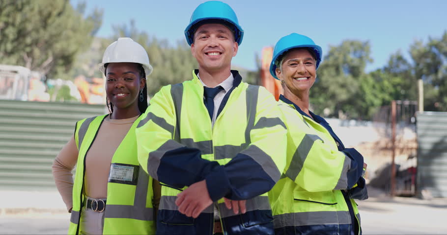 Team, face and arms crossed, construction and people outdoor, building site and engineering with maintenance. Diversity, portrait and professional collaboration, architecture and contractor group