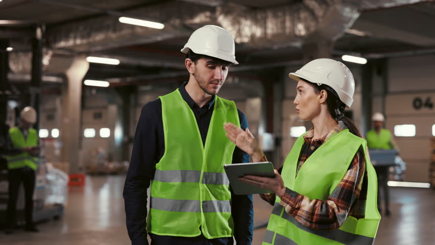 Two industrial engineers in safety gear engaged in a professional discussion over a digital tablet in a warehouse setting, exemplifying teamwork and technology in industry