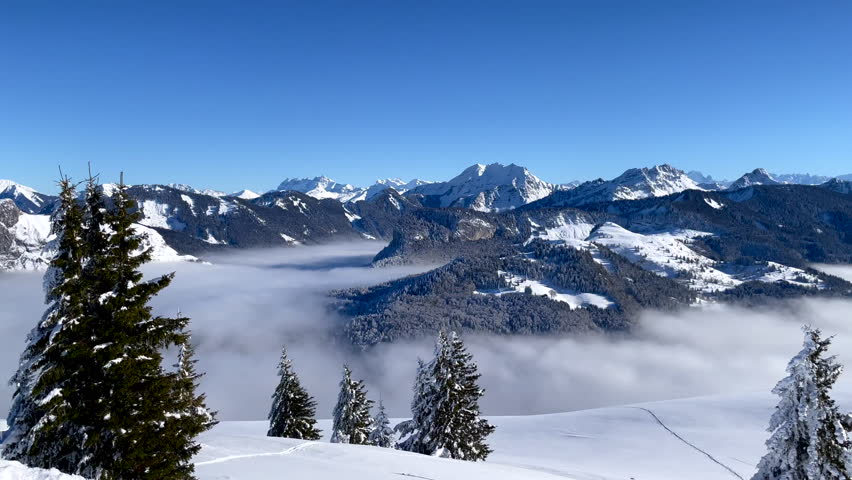 Panoramic view of Mont Blanc mountain from the top of Hirmentaz (Bellevaux) ski resort, France