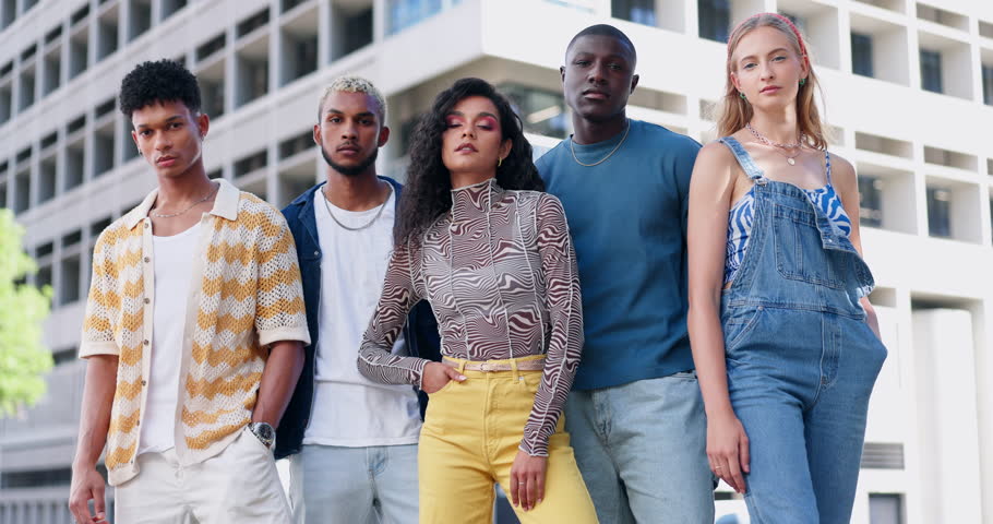 City fashion, portrait and gen z friends with confidence, solidarity and diversity with streetwear. Urban culture, group of young men and women on street with serious social, cool style and relax. Royalty-Free Stock Footage #3419401995