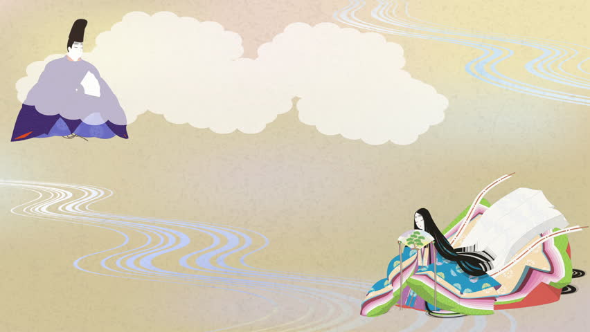 An image illustration video of a Heian emaki-style woman in a junihitoe robe and a man in a straight robe.