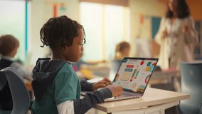 Beautiful School Teacher Explaining Daily Topics and Exercises to a Group of Talented Primary Class Boys and Girls. Camera Focusing on a Smart Black Child Using a Laptop Computer - Powered by Shutterstock - Get 15% off with code: PIKWIZARD15