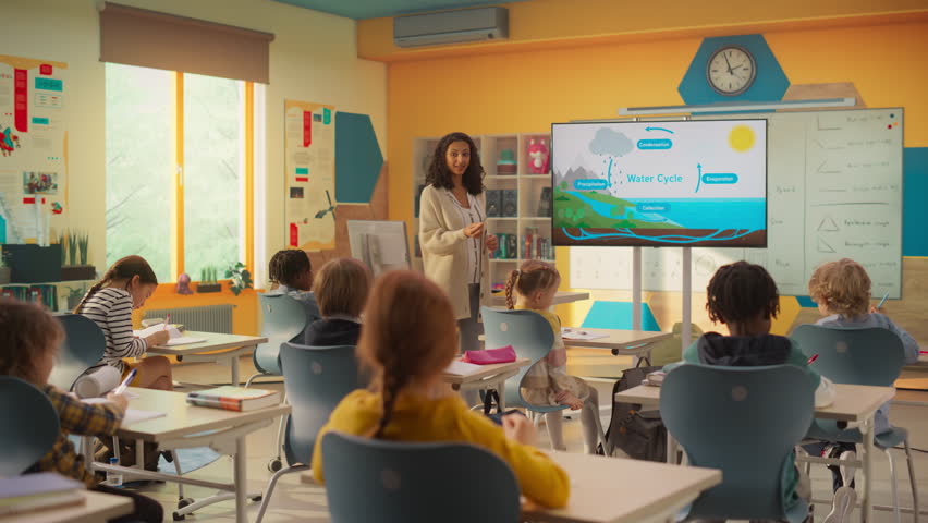 Primary School Children Learning Basic Information About Water Cycles: Geography Teacher Educating Smart Diverse Kids in a Modern Colorful Classroom. Schoolchildren Understanding Weather Factors Royalty-Free Stock Footage #3419484595